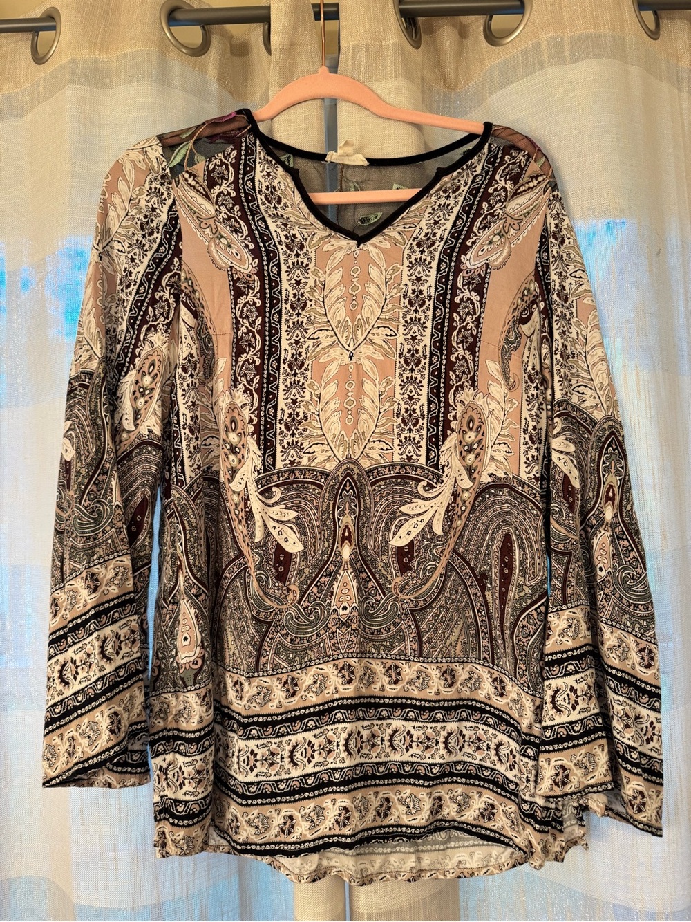 Tribal Paisley-Print Long Sleeve Top in Beige and Black